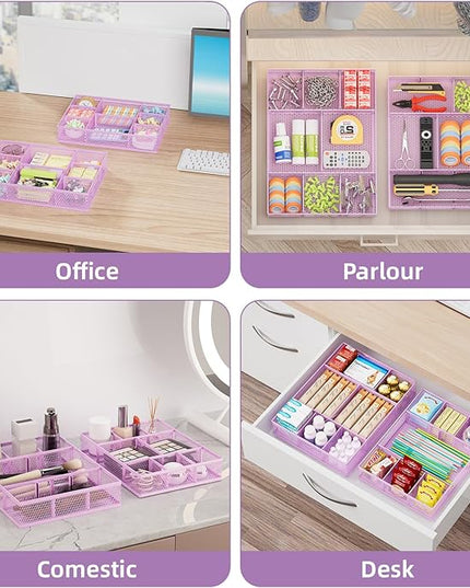 Marbrasse 2 Pack Desk Drawer Organizer, Mesh Drawer Organizer Tray with 8 Adjustable Compartments, Desk Organizers and Accessories, 5 Dividers Drawer for Office Supplies, Makeup & Vanity (Purple)