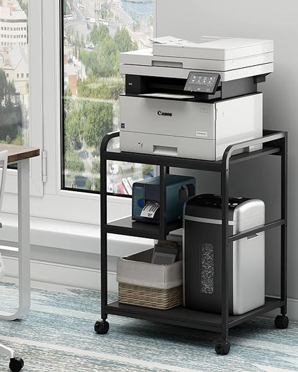 Printer Stand with Storage Shelf for Home Office Organization, 22 x 18 Inch Large Printer Table with Wheels, Shredder Stand, CPU Stand, Rolling Cart for Host Computer, PC Tower, Desktop- Black
