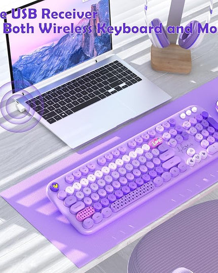 MOFII Keyboard and Mouse Wireless, 104 Round Keys Lovely Full-Size Cute Colorful Keyboard and Mouse with Retro Typewriter for PC/Mac/Laptop/Tablet/Computer/Windows Purple