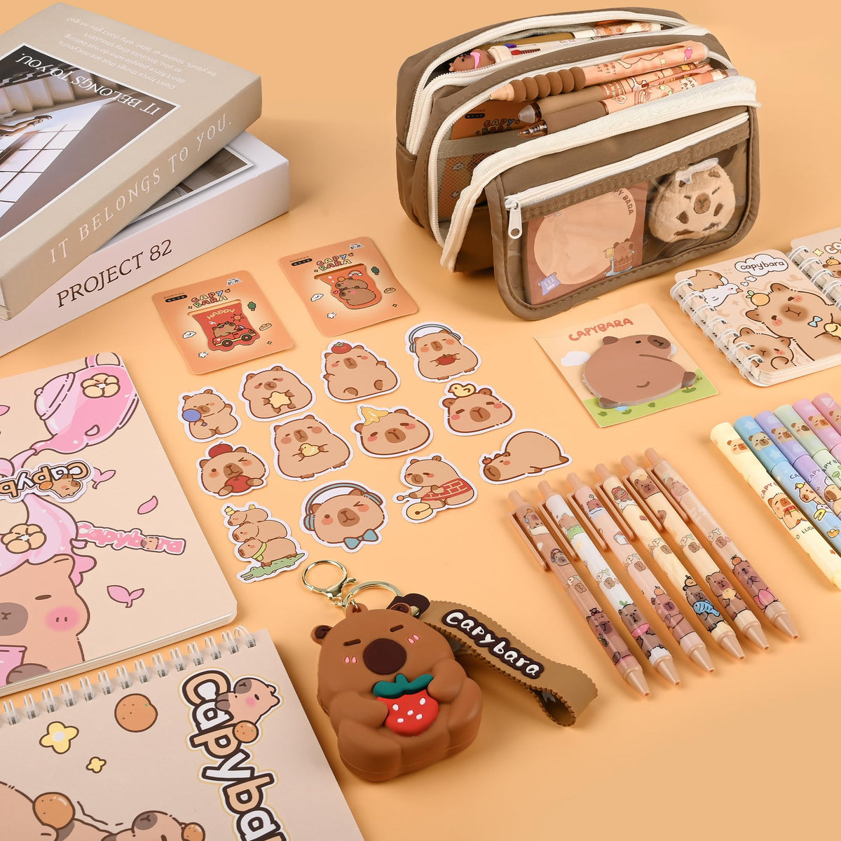 Ulema 80pcs Cute Capybara Stationery Set Birthday Capybara Gifts for Boys Girls Back to School and Classroom Rewards Kawaii School Supplies with Capibara Stuff.
