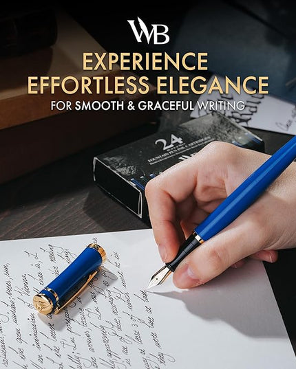 Wordsworth & Black Fountain Pen Set, 18K Gilded Medium Nib, Includes 24 Pack Ink Cartridges, Ink Refill Converter & Gift Box, Gold Finish, Calligraphy, [Imperial Blue], Perfect for Men & Women