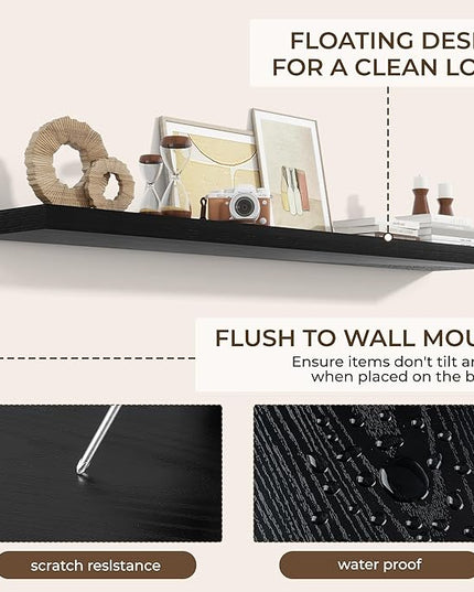 RICHFOCUS 72Inch Floating Shelves for Wall 2 Pack Shelves for Bedroom|Kitchen|Bathroom Wall Mounted Rustic Wood Floating Shelf with Invisible Brackets for Books|Storage|Decor, Black