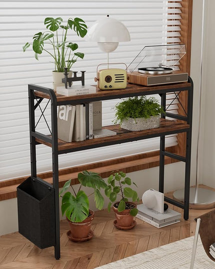 VERSASKY Desktop Shelves, Monitor Stand with Adjustable Shelves and Side Pockets, 2-Tier Desktop Bookshelf Organizer, Large Capacity Display Shelf Rack, Desk Hutch for Home Office, Rustic Brown
