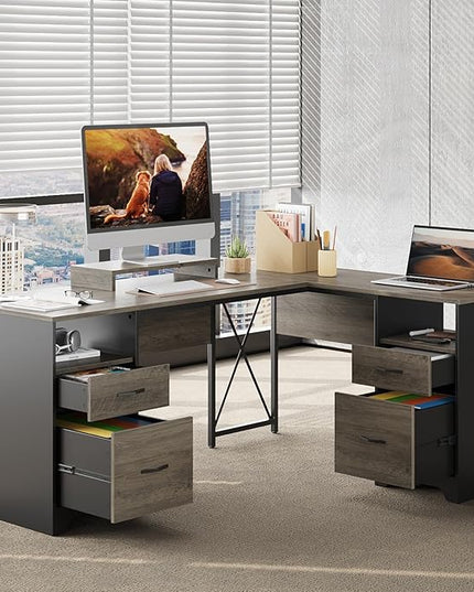 Bestier L Shaped Desk with 4 Drawers, 63" x 47" Executive Desk with Open Storage & Monitor Stand, Corner Desk with 2 File Drawers & Modesty Panel for Home Office, Gray