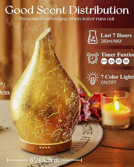 Porseme 280ml Essential Oil Diffuser, 3D Glass Aromatherapy Diffusor, Ultrasonic Cool Mist BPA Free Aroma Humidifier with Timer and Color Changing Function, Waterless Shut-Off for Home Office Room
