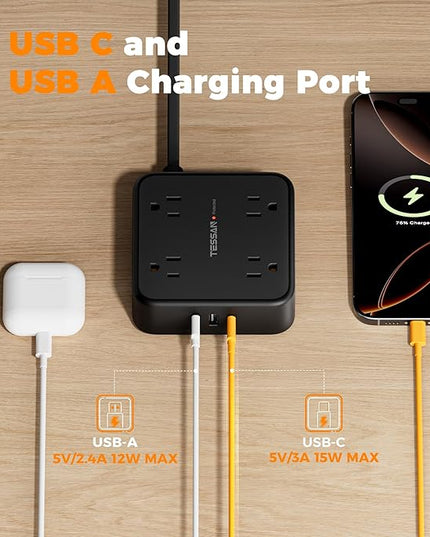 TESSAN 10 Ft Flat Plug Extension Cord with Multiple Outlets, Surge Protector Power Strip with 3 USB(1 USB C) 8 Outlets, 900J Protection, Desk Charging Station for Home, Office, Dorm Room, Black