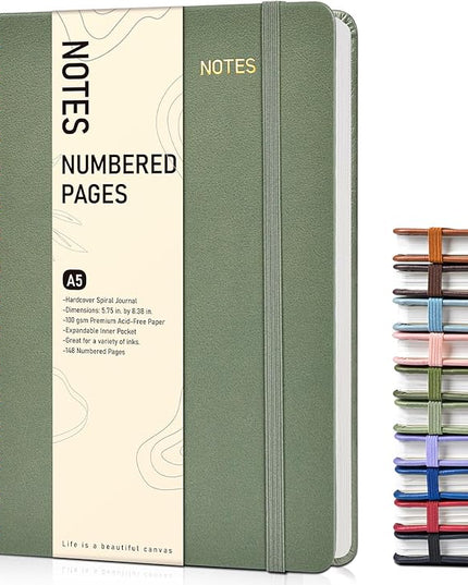 Lined Spiral Journal Notebook, A5 Hardcover Spiral Journals for Women Men, 150 Numbered Pages Spiral Bound Notebook, 100 GSM College Ruled Notebooks for Writing Note Taking 5.75" x 8.38", Sage Green