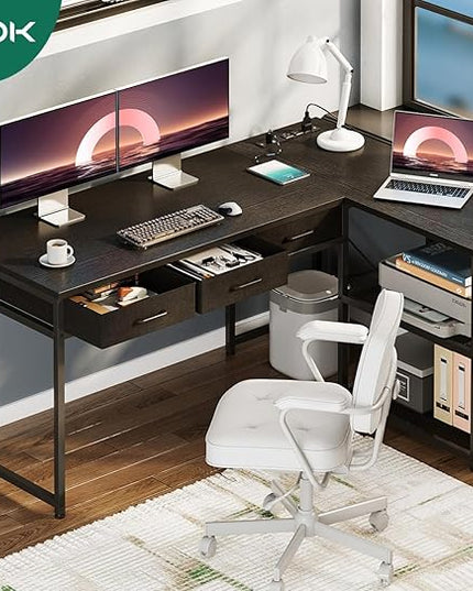 AODK 53 Inch L Shaped Computer Desk with Drawers, Corner Desk with Power Outlets & Reversible Storage Shelves, for Home Office Gaming, Black
