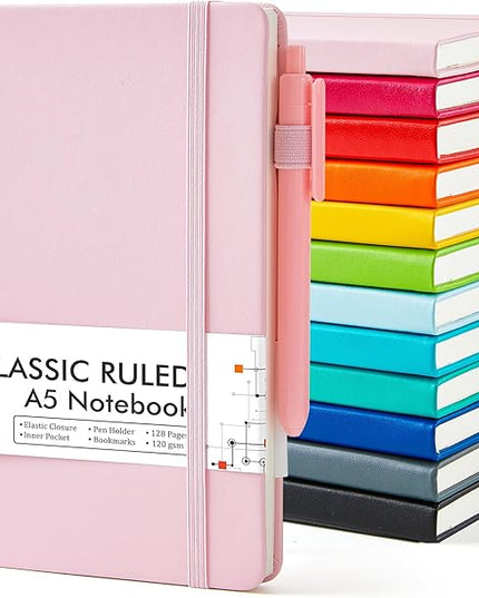 feela Notebooks Journals Bulk, Hardcover Notebook Classic Ruled Journal Set with Pen Holder for School Business Work Travel Writing, with 12 Black Pens, 120 GSM, 5.1”x8.3”, 12 Pack, A5, Solid Colors