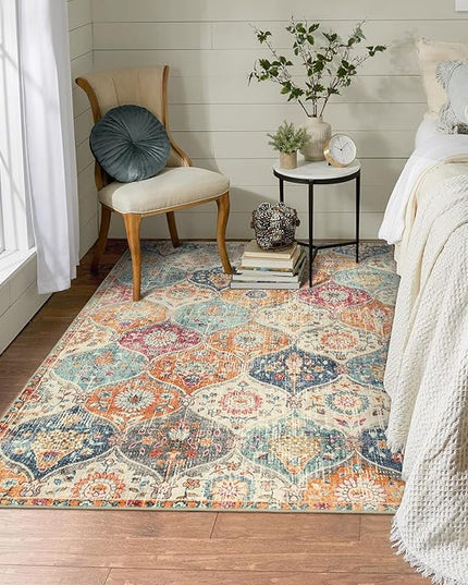 Lahome Moroccan Trellis Washable Small Area Rug, 3x5 Area Rug for Bedroom Living Room, Non-Slip Oriental Accent Throw Carpet for Kitchen Office Entryway Bathroom Office, Cream/Multi