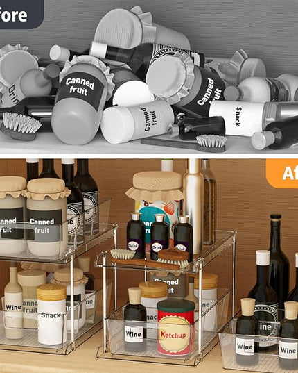 Pull-Out Home Organizers, 2 Tier Clear Bathroom Organizer with Dividers, Multipurpose Vanity Counter Tray, Kitchen, Closet Organizers and Storage Container Bins for Cabinet, Pantry