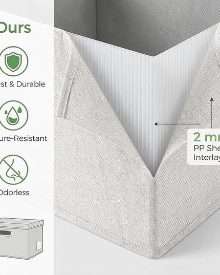 PRANDOM Storage Boxes with Lids [3-Pack] Linen Fabric Foldable Storage Bins Organizer Containers Baskets Cube with Cover for Closet Office Nursery Beige（11.4X8.6X6.7