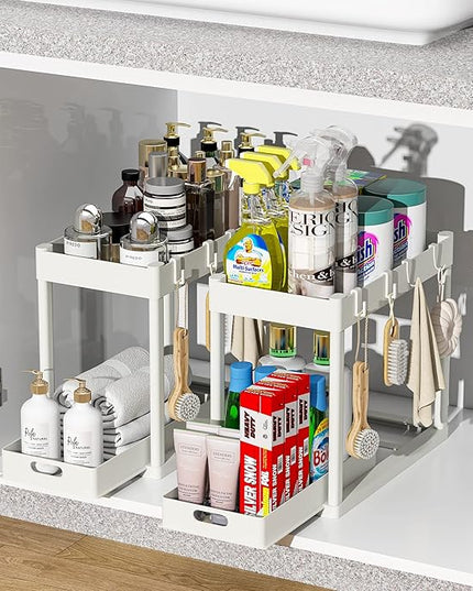 2PC Under Sink Organizer Rack 2 Tier Under Sliding Cabinet Basket Organizer Drawer with 4 Hooks, Multi-purpose Under Sink Storage for Bathroom Kitchen Desktop（White）