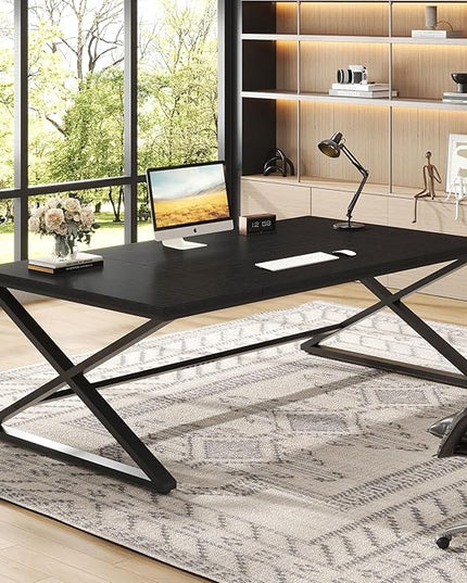 IBF Black Desk, Large Home Office Work Desk, 78.7” Long Computer Desks, Simple Wide Study Writing Desk, Wood Metal Double PC Executive Workstation Gaming Desk Computer Table for Bedroom, Black Oak