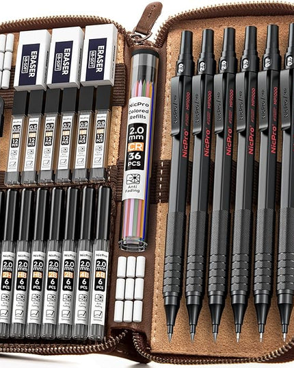 Nicpro 30PCS Black Metal Mechanical Pencil Set in Leather Case, Art Drafting Pencil 0.5, 0.7, 0.9 mm, 2mm Lead Pencil Holders for Sketching Drawing With 16 Tube (6B 4B 2B HB 2H 4H Colors)Lead Refills