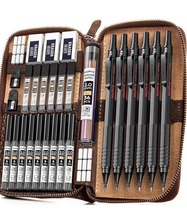 Nicpro 30PCS Black Metal Mechanical Pencil Set in Leather Case, Art Drafting Pencil 0.5, 0.7, 0.9 mm, 2mm Lead Pencil Holders for Sketching Drawing With 16 Tube (6B 4B 2B HB 2H 4H Colors)Lead Refills
