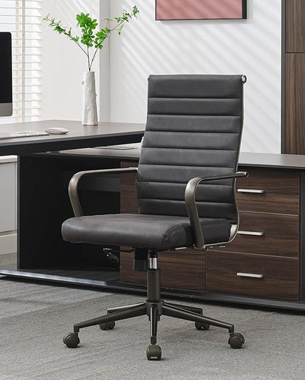 Okeysen Leather Office Desk Chair, Ergonomic Mid Century Modern Conference Room Chairs, Executive Ribbed Height Adjustable Swivel Rolling Chair for Home Office.