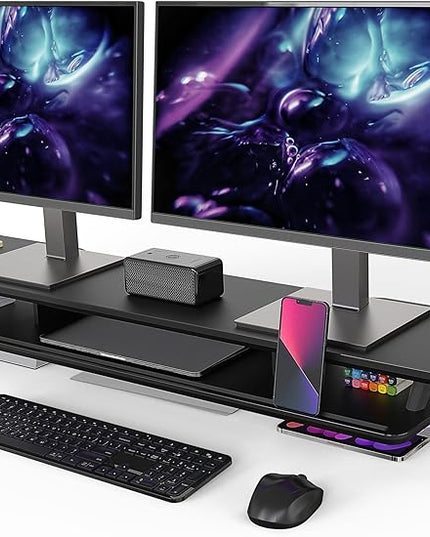 Fenge Dual Monitor Stand, Monitor Stands Riser for 2 monitors, 42.5 Inch Wood Desk Shelf with Storage Organizer and Cable Management for Office Desk Accessories