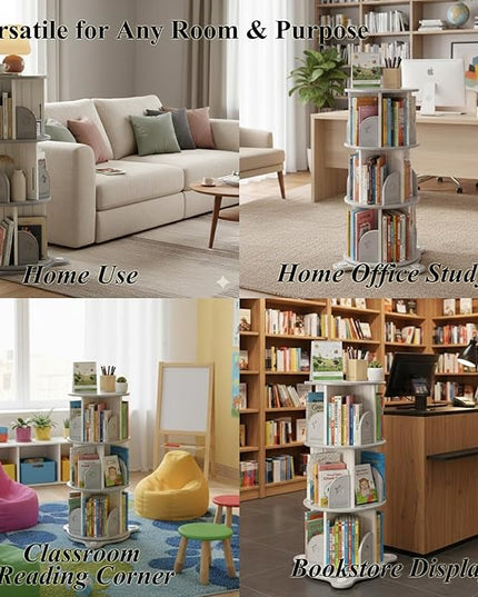 3-Tier Rotating Bookshelf, 360° Spinning Corner Bookcase with Display Stand - HDPE Plastic Book Storage Organizer for Bedroom, Home Office, Classroom, Living Room