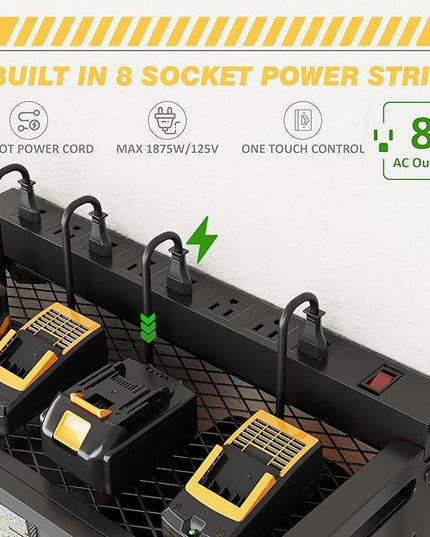 Power Tool Organizer Wall Mount with Charging Station, Heavy-Duty Metal Garage Tool Storage Rack & 8 Outlet Power Strip, 33 Inch Long 4 Tier Shelves for Workshop Organization