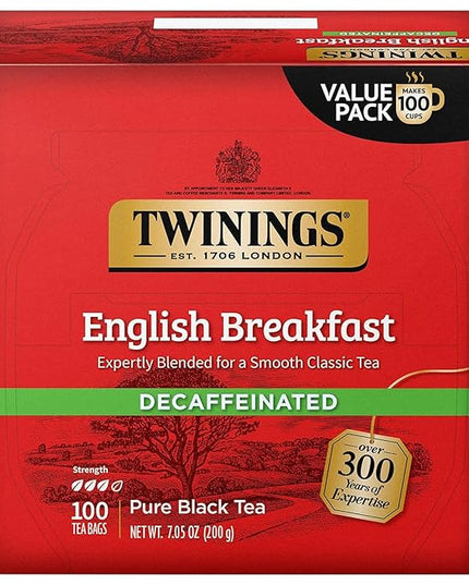 Twinings Decaffeinated English Breakfast Black Tea Individually Wrapped Bags, 100 Count (Pack of 1), Smooth, Flavourful Black Tea, Enjoy Hot or Iced, 100 Teabags