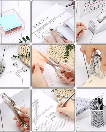 17 in1 Silvery Desk Organizers and Accessories Set, 3 Office Desk Supplies Storage Organization, 4 Pens, Stapler, Staples & Remover, Tape & Dispenser, Scissors, Ruler, Clips, Hole Punch Back to School