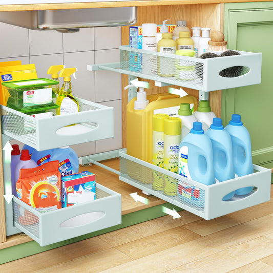 Under Sink Organizer, 2 Tier Pull out Cabinet Organizer Baskets with Mesh Sliding Drawers, Slide out Storage Shelf for Home, Kitchen, Bathroom, Pantry, Office Cabinet(1 Pack, Blue)
