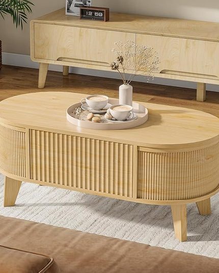 LYNCOHOME Fluted Lift Top Coffee Table with Storage,Modern Oval Coffee Table for Living Room Or Home Office（Natural）