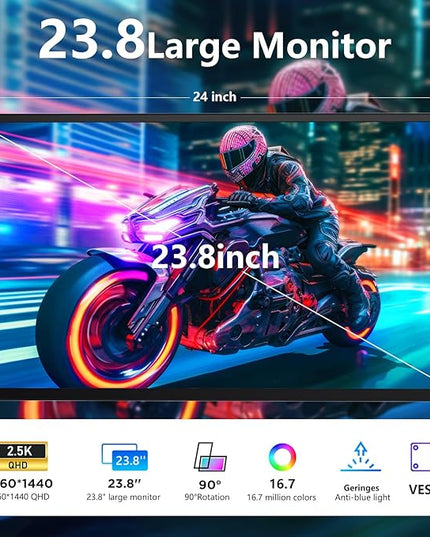 23.8" Large Portable Monitor, 2.5K QHD 180Hz Laptop Screen Extender, 150% RGB 178° IPS, Speakers & USB Hub for Office/Gaming with Kickstand, Travel Monitor for Laptop/PC/Mac/Xbox, VESA USB-C & HDMI