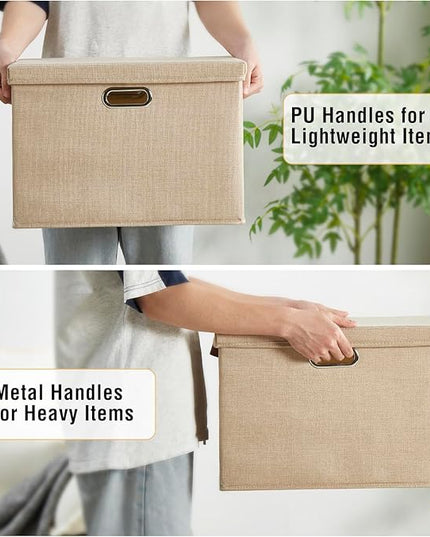 17" Large Collapsible Storage Bins with Lids, Stackable Closet Organizers with PU Handle and Labels, 3-Pack Decorative Fabric Storage Boxes for Home, Bedroom, Closet, Office, Nursery(Khaki)