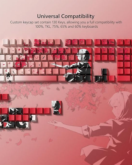 Rainy Japanese Anime Keycaps Shine Throgu Key Caps,Cherry Keycaps130 Keys PBT Dye Sublimation Custom Keycaps Set for Mechanical Keyboard 61/64/75/84/87/104/108 Layout with Key Puller (Red)