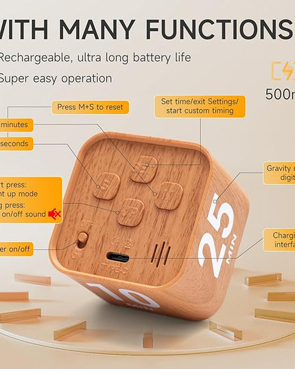 Exlliy Rotating Productivity Timer 5, 25, 10, 50 Minutes Preset, Desk Cube w/Gravity Sensor for ADHD, Mute Functions, Ideal for Work, Study, Kitchen, Back to School (1, Wood Grain Finish)