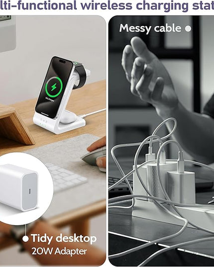 3 in 1 Wireless Charging Station: 5000mAh Removable Power Bank Charger Stand for Phone/Watch/Air Pods - Portable Magnetic Battery Pack for Air 17 16 15 14 13 12 Series White