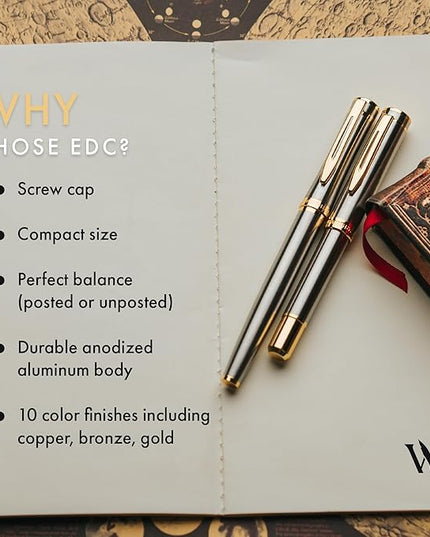 Wordsworth and Black Fountain Pen Mini EDC: Luxury Silver Heavy Pocket Pen, Gold Finish, Medium Nib, 6 Ink Cartridges, Ink Converter, Travel Refillable Writing Pen Gift Set, Men & Women