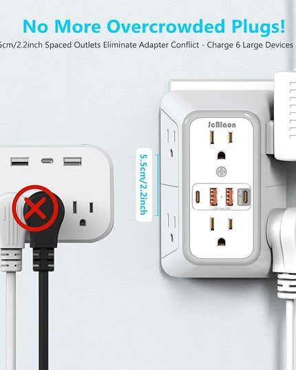 JcBlaon Multi Plug Outlet Surge Protector, Wall Charger with 6 Outlet Splitter with 4 USB Ports(PD 20W), 3-Sided 1050J Surge Protector Power Strip for Home Office Dorm Room Essentials