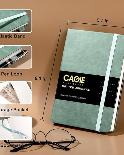 CAGIE Bullet Dotted Journal Notebook 320 Pages 100 GSM Paper Hardcover A5 Dot Grid Notebook Leather Journals for Writing Women Men Work Journaling, Green