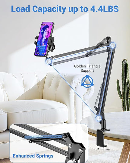Overhead Camera Mount, Desk Camera Mount with 360° Adjustable Arm and Phone Holder for DSLR Cameras/iPhone/Webcam/Ring Light, Desk Phone Stand for Video Recording,Zoom Meeting,YouTube,TikTok