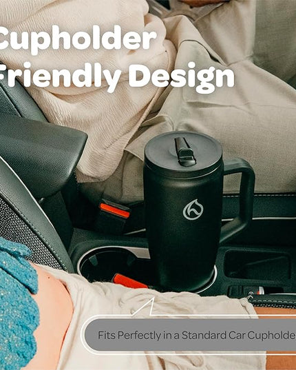 Hydracy 40 oz Tumbler with Handle and Straw, Stainless Steel Insulated Travel Cup with No Spill Rotatable Flip Lid for Left or Right Hand Use, Rubber Base, Fits in Cup Holder - Sexy Black
