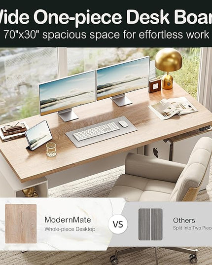 71" Standing Desk with 2 File Cabinet, AC/USB, 1.18" Desktop, L Shaped Height Adjustable Desk, Electric Furniture Set with Multiple Functions for Home and Office, Light Walnut