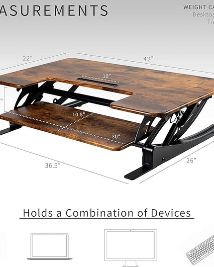VIVO 42 inch Height Adjustable Stand Up Desk Converter, V Series, Quick Sit to Stand Tabletop Dual Monitor Riser Workstation, Rustic Vintage Brown Top, Black Frame, DESK-V000VLN