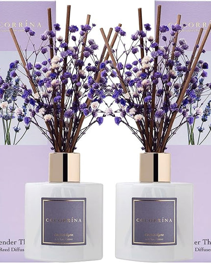 Cocorrína Premium Reed Diffuser Set with Preserved Baby's Breath & Cotton Stick Lavender Thyme 2 Packs, 6.7oz Scent Fragrance Oil Diffuser for Bedroom Bathroom Home Décor