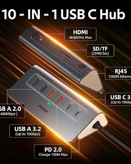 USB C Hub Ethernet,10-in-1 USB C Docking Station with 4K@60Hz HDMI,1Gbps Ethernet, PD 100W,Type C & 2 USB A 3.2 10Gbps, 2 USB A 2.0, SD/TF, Aluminum USB Hub for Laptop,PC, iPhone 17/16,Mac