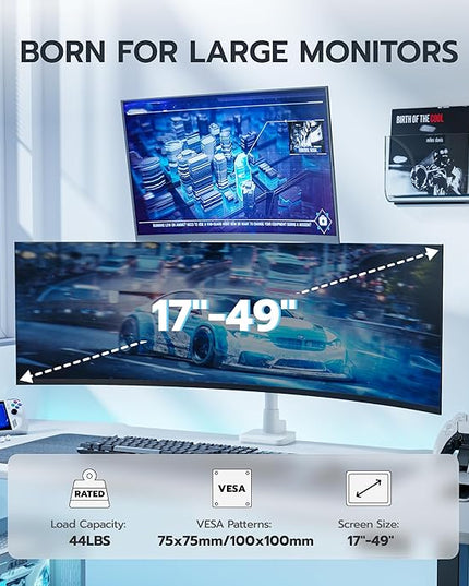 ARES WING Dual Monitor Mount for 17-49 Inch Ultrawide Heavy Duty Curved Screen, Computer Monitor Arm Desk Mount, Gas Spring Adjustable Dual Monitor Stand for Desk, White