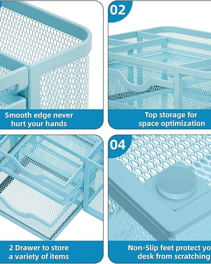Marbrasse Mesh Desk Organizer, Pen Organizer with 2 Drawer, Multi-Functional Pencil Holder, Desk Organizers and Accessories with 5 Compartments + Drawer for Office Art Supplies (Blue)