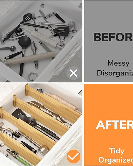 BAMEOS 4 PCS Bamboo Drawer Divider Adjustable Drawer Dividers Kitchen Drawer Organization Utensil Organizers for Kitchen Dresser Bathroom Bedroom and Office