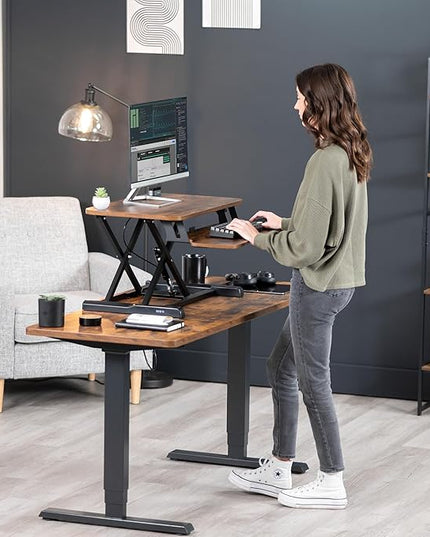 VIVO 26 inch Desk Converter, K Series, Height Adjustable Sit to Stand Riser, Dual Monitor and Laptop Workstation with Keyboard Tray, Rustic Vintage Brown Top, Black Frame, DESK-V026KN