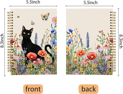 Moody Black Cat Spiral Notebook Journal 5.5x8.3, Wildflower Butterfly Black Kitten Journal, Cat Lover Mom Lady Gifts for Women Girls, Colorful Flower Pet Journaling Notebooks