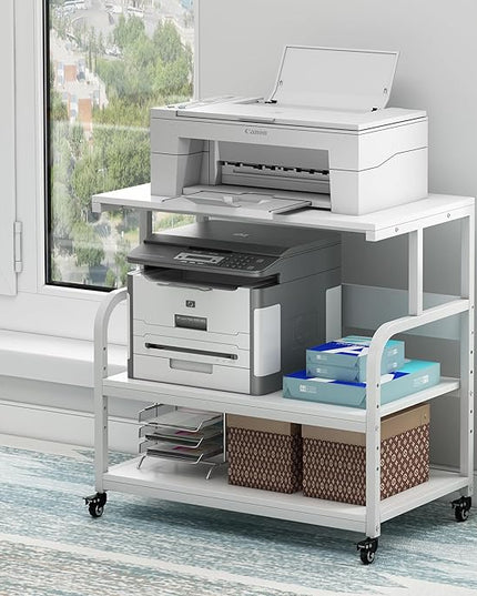 Printer Stand, 32.3" x 18.9" x 32.1" Extra Large Printer Table with Adjustable Storage Shelf, 3 Tier Rolling Printer Cart with Industrial Wheels for Home Office, White