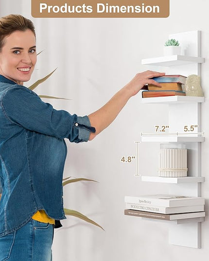 Fun Memories 5 Tier Wall Shelf Unit, White Floating Shelves for Storage - Vertical Column Tower Design, Lack Wall Shelf Space Saving Organizer for Bedroom, Living Room, Home Decor