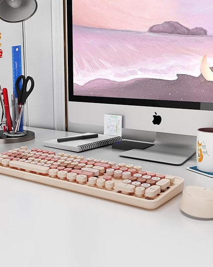 Wireless Keyboard and Mouse, KOOTOP Cute Keyboard and Mouse, 2.4G Wireless Keyboard with Retro Round Keycap for PC, Mac, Laptop,Computer Windows (Milk Tea)